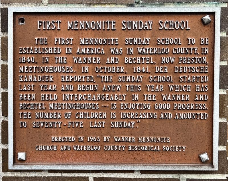 First Mennonite Sunday School Marker. Click for full size. First Mennonite Sunday School Marker image. Click for full size.