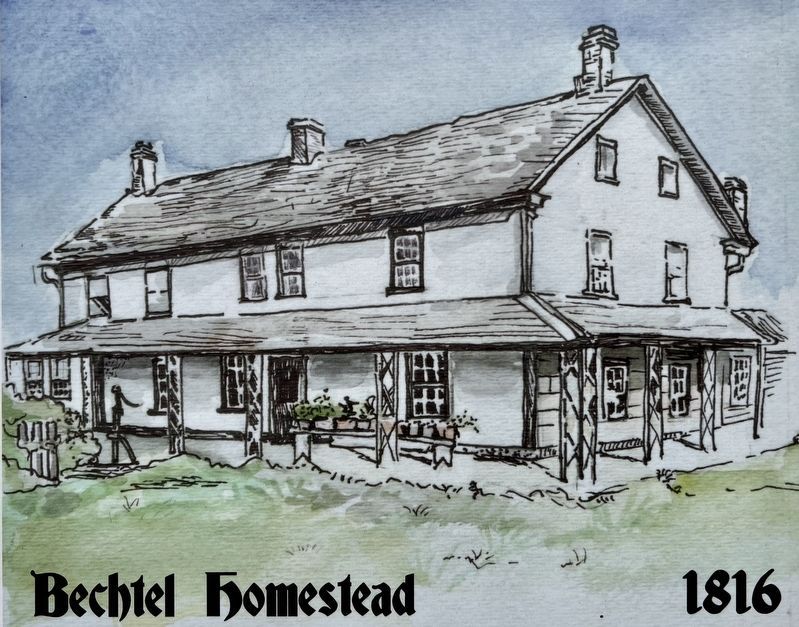 Site of the Samuel Bechtel Meeting House and Burial Ground marker illustration detail. Click for full size. Site of the Samuel Bechtel Meeting House and Burial Ground marker illustration detail image. Click for full size.