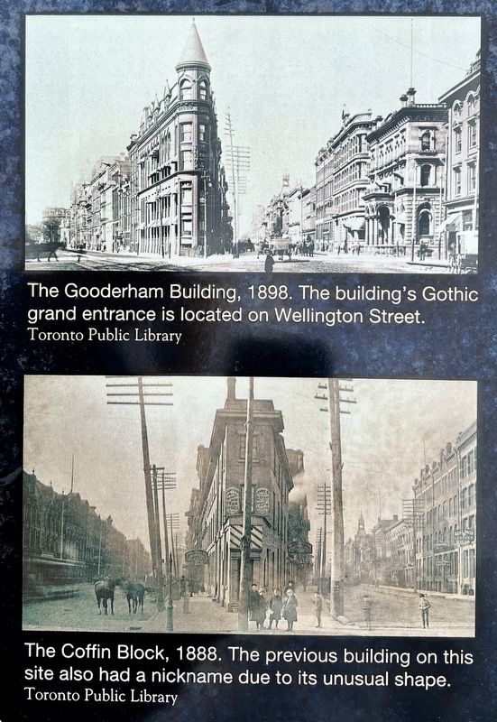 Gooderham “Flatiron” Building marker photos and captions detail (left side). Click for full size. Gooderham “Flatiron” Building marker photos and captions detail (left side) image. Click for full size.