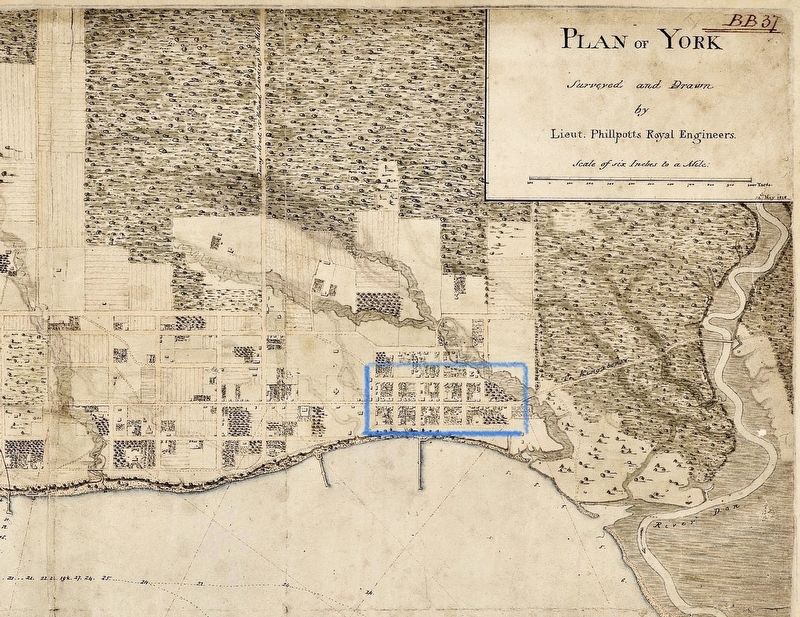 Plan of the Town of York, 1818, with the original ten blocks highlighted image. Click for full size.