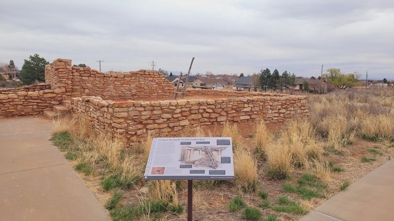 The entrance to the great Kiva and the Marker image. Click for full size.
