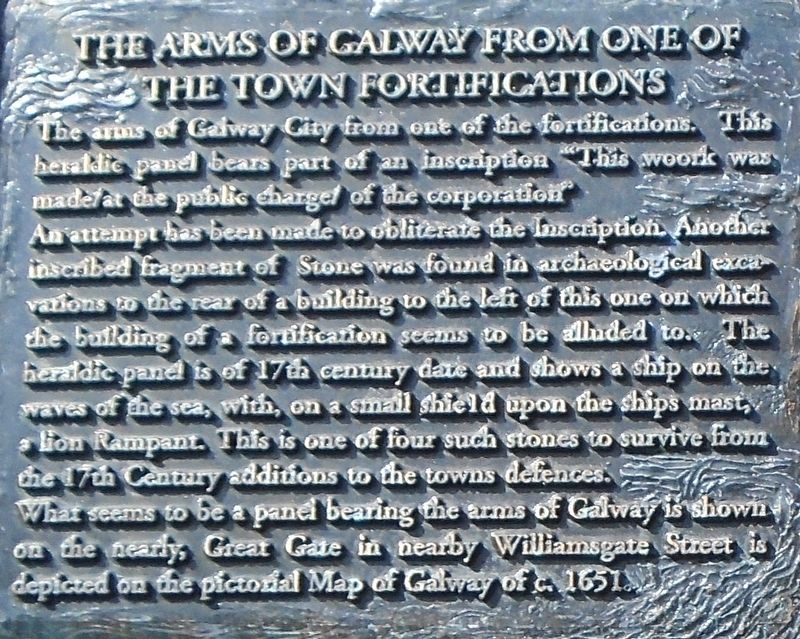 The Arms of Galway from one of the Town Fortifications Marker image. Click for full size.