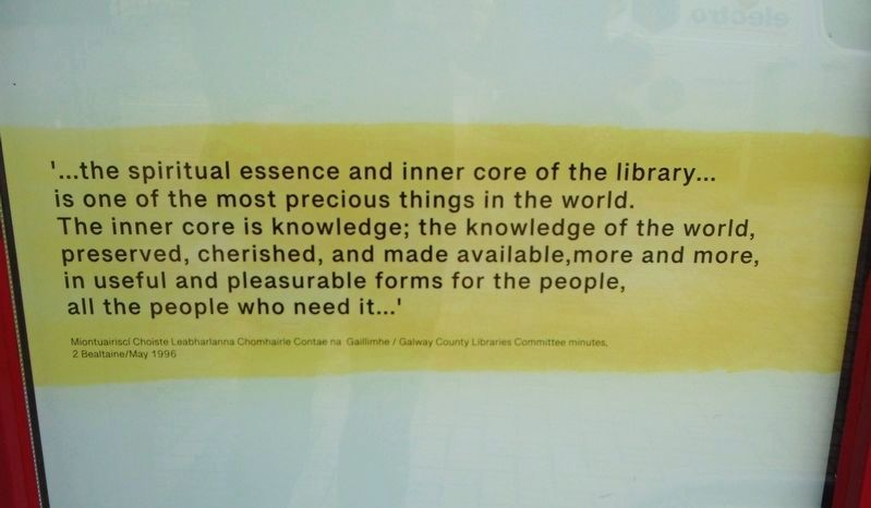 Galway County Library/<lang=ga>Leabharlann Chontae na Gaillimhe<lang=ga> Marker. Click for full size. Galway County Library/<lang=ga>Leabharlann Chontae na Gaillimhe<lang=ga> Marker image. Click for full size.