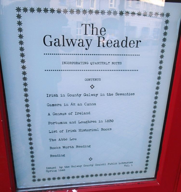 Galway County Library/<lang=ga>Leabharlann Chontae na Gaillimhe<lang=ga> Marker. Click for full size. Galway County Library/<lang=ga>Leabharlann Chontae na Gaillimhe<lang=ga> Marker image. Click for full size.