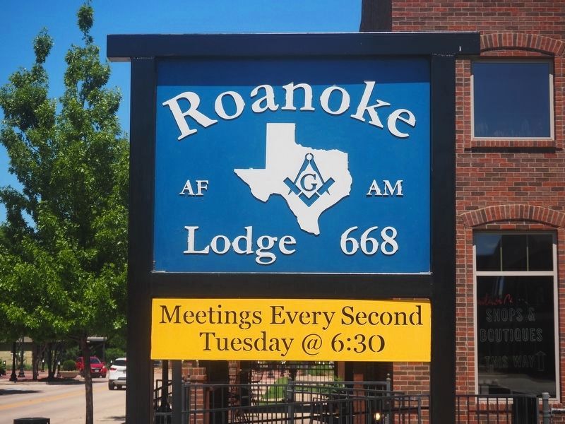 Roanoke Lodge No. 668, A.F. & A.M. Sign. Click for full size. Roanoke Lodge No. 668, A.F. & A.M. Sign image. Click for full size.