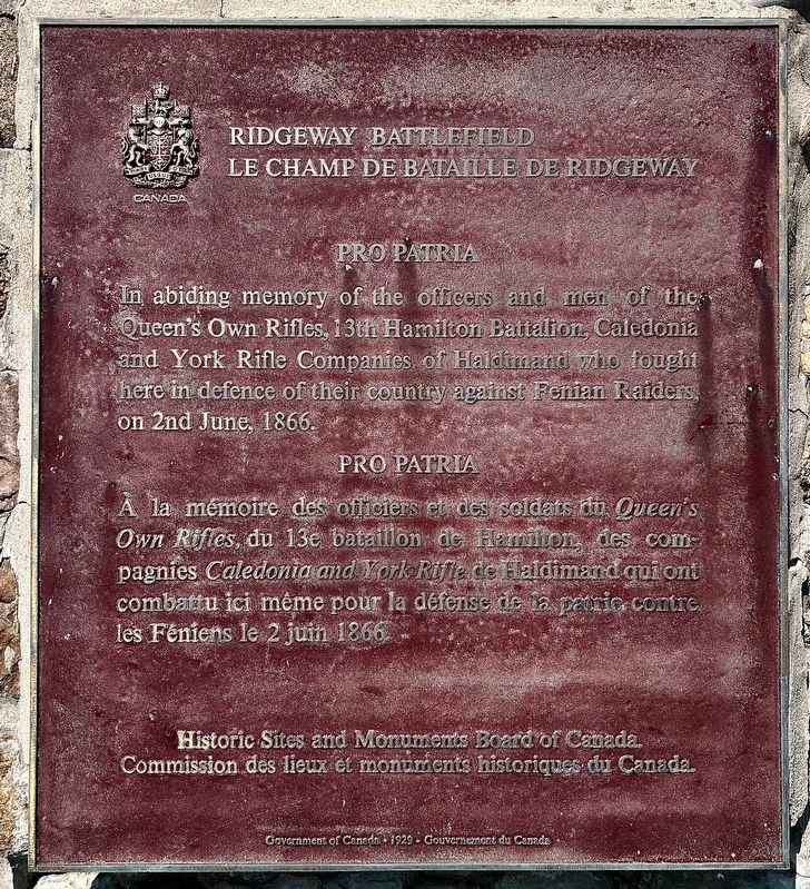 Ridgeway Battlefield/ Le Champ de bataille de Ridgeway Marker. Click for full size. Ridgeway Battlefield/ Le Champ de bataille de Ridgeway Marker image. Click for full size.