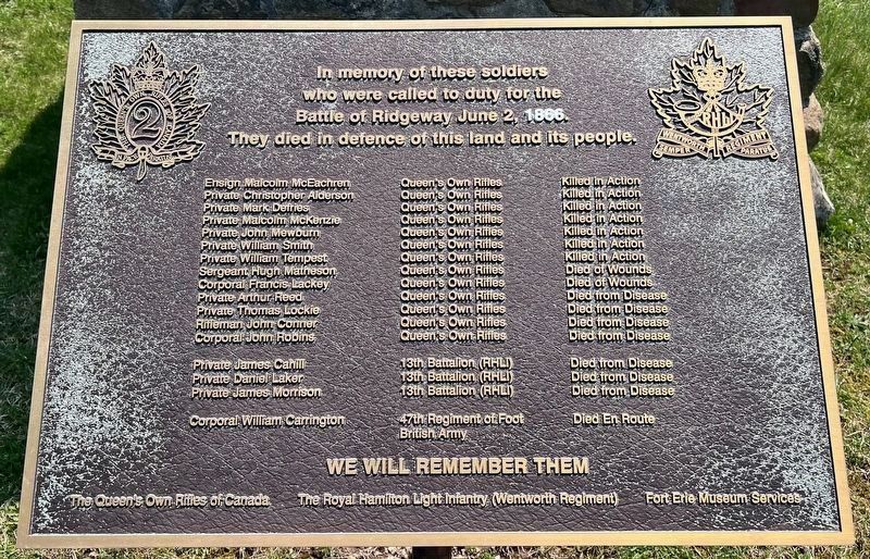 Plaque commemorating soldiers who died at the Battle of Ridgeway. Click for full size. Plaque commemorating soldiers who died at the Battle of Ridgeway image. Click for full size.