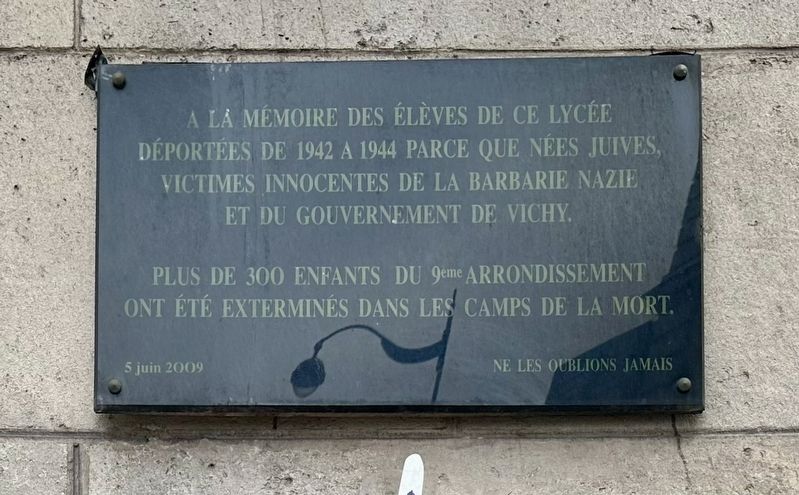 Lycee Jules Ferry Deported Jewish Students Memorial Marker. Click for full size. Lycee Jules Ferry Deported Jewish Students Memorial Marker image. Click for full size.