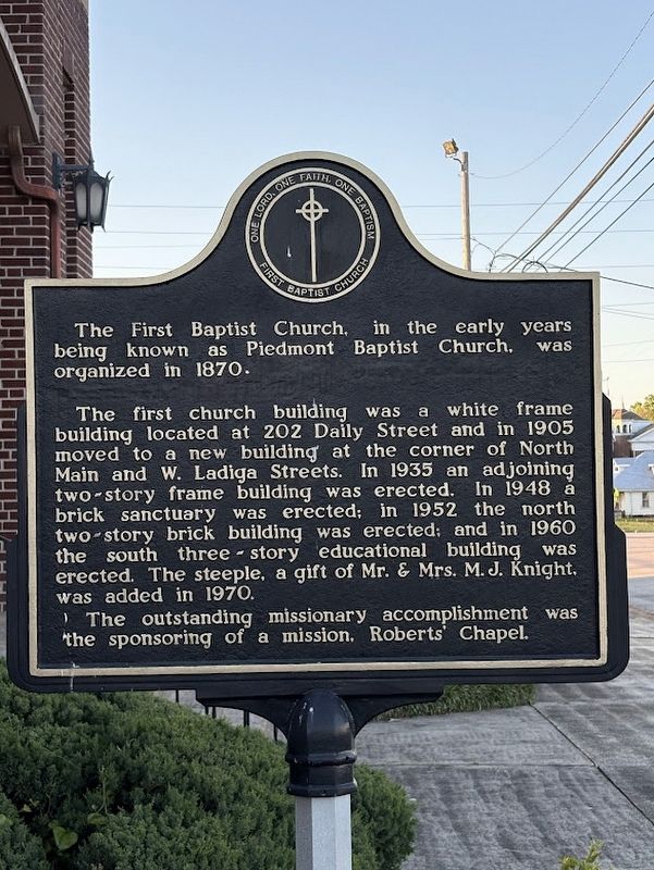 The First Baptist Church / Pastors of The First Baptist Church Piedmont, Alabama Marker image. Click for full size.