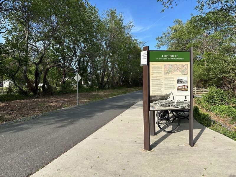 A History of the Junction & Breakwater Railroad Marker - wide view image. Click for full size.