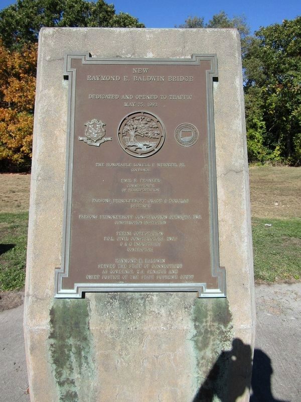 New Raymond E. Baldwin Bridge Marker. Click for full size. New Raymond E. Baldwin Bridge Marker image. Click for full size.
