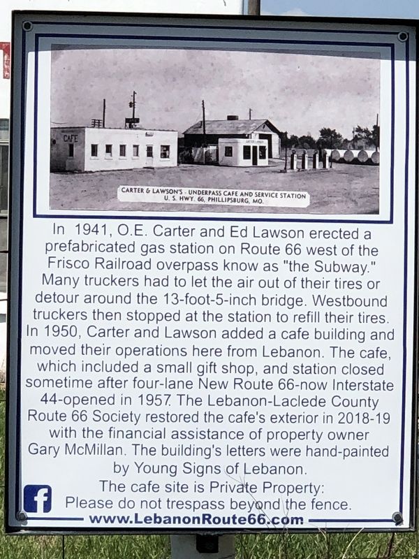 Carter & Lawson's Underpass Cafe and Service Station Marker. Click for full size. Carter & Lawson's Underpass Cafe and Service Station Marker image. Click for full size.