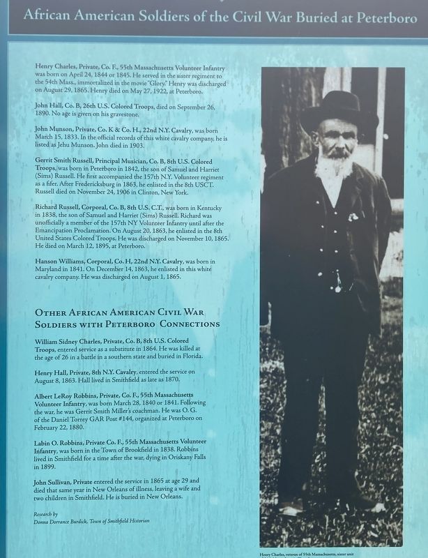 African American Soldier of the Civil War Buried at Peterboro Marker. Click for full size. African American Soldier of the Civil War Buried at Peterboro Marker image. Click for full size.
