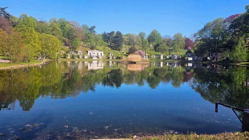 Mausoleums next to Sylvan Water in Green-Wood Cemetery, image. Click for full size.