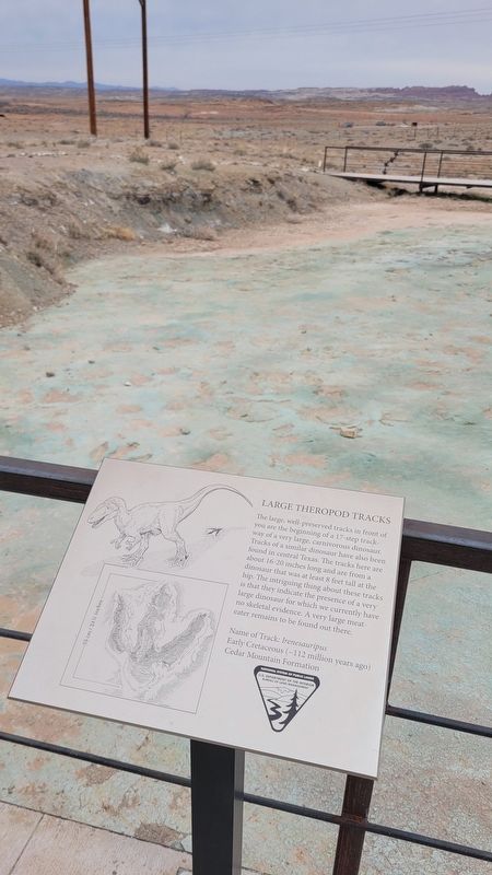 Large Theropod Tracks and Marker. Click for full size. Large Theropod Tracks and Marker image. Click for full size.