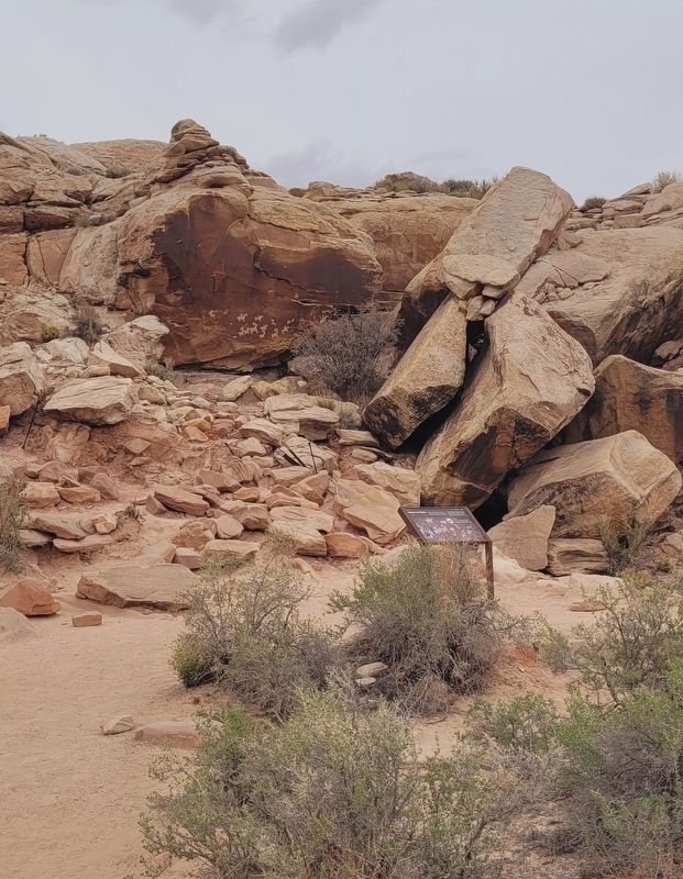 The view of the petroglyphs and Marker along the trail. Click for full size. The view of the petroglyphs and Marker along the trail image. Click for full size.