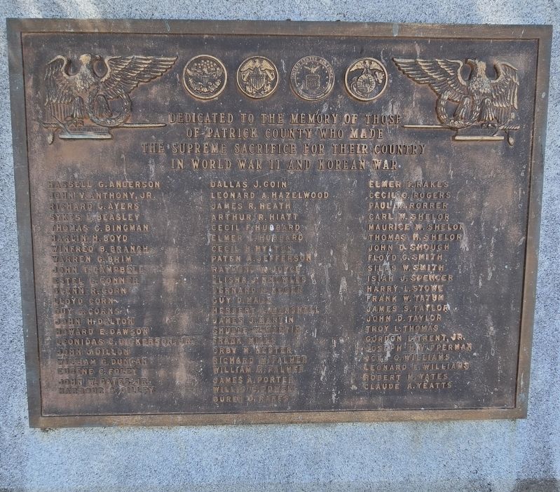 Patrick County World War II and Korean War Memorial Marker image. Click for full size.