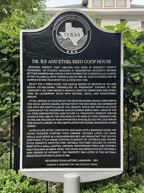 Dr. B.F. and Ethel Reed Coop House Marker. Click for full size. Dr. B.F. and Ethel Reed Coop House Marker image. Click for full size.