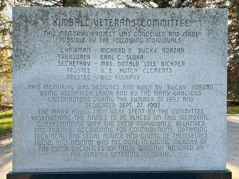 Kimball Veterans Committee Marker, Side One image. Click for full size.