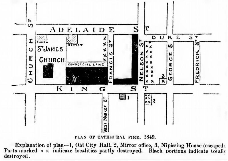 Great Fire of 1849, map of destroyed and damaged area image. Click for full size.