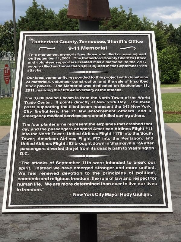 Rutherford County, Tennessee, Sheriff's Office 9-11 Memorial Marker. Click for full size. Rutherford County, Tennessee, Sheriff's Office 9-11 Memorial Marker image. Click for full size.