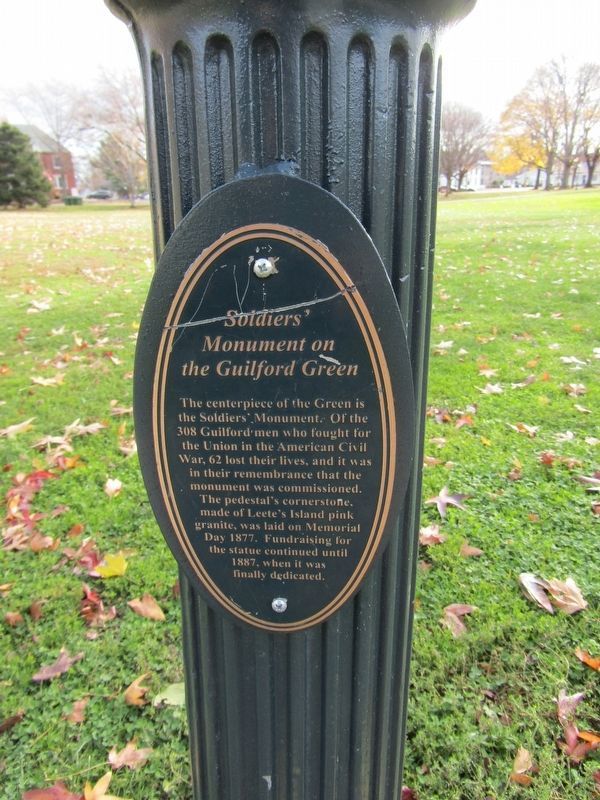 Soldiers' Monument on the Guilford Green Marker. Click for full size. Soldiers' Monument on the Guilford Green Marker image. Click for full size.
