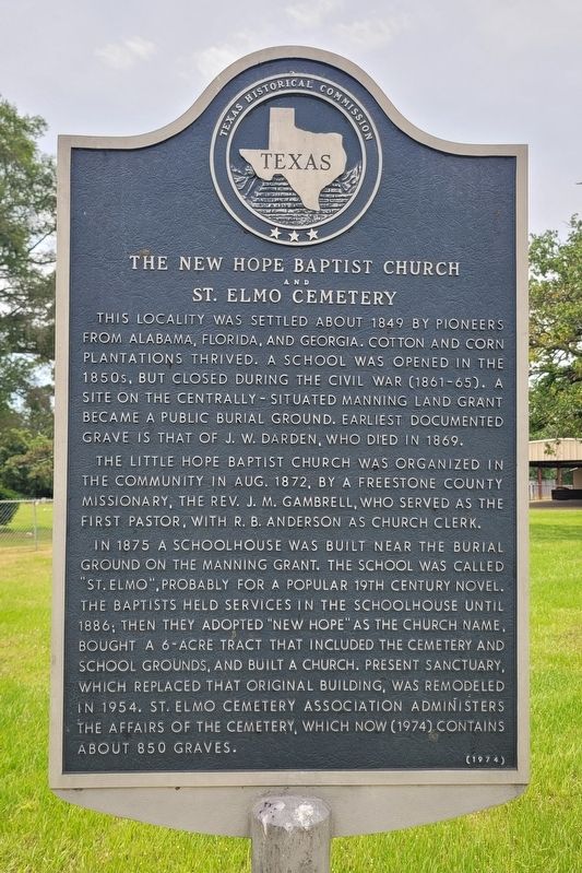 The New Hope Baptist Church and St. Elmo Cemetery Marker. Click for full size. The New Hope Baptist Church and St. Elmo Cemetery Marker image. Click for full size.