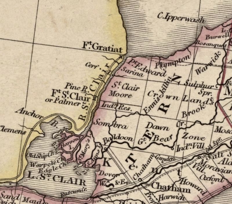 Map of Upper Canada, 1837, showing the early riverfront townships image. Click for full size.