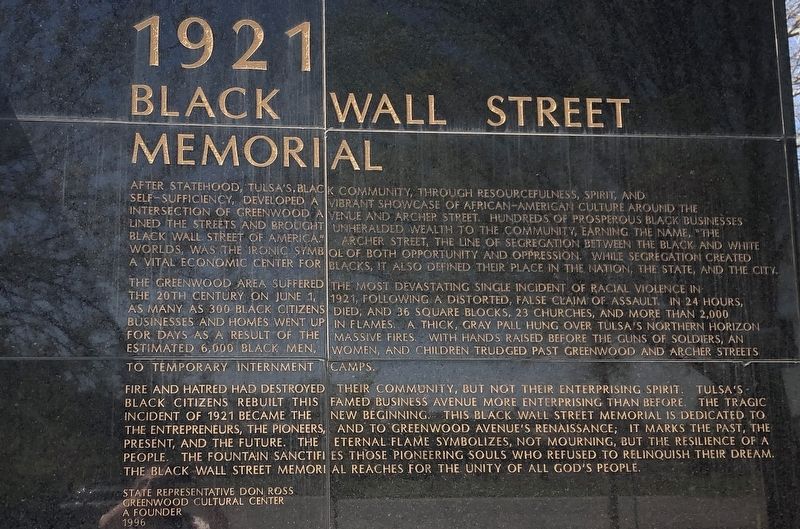 Closeup of 1921 Black Wall Street Memorial Side of Marker image. Click for full size.