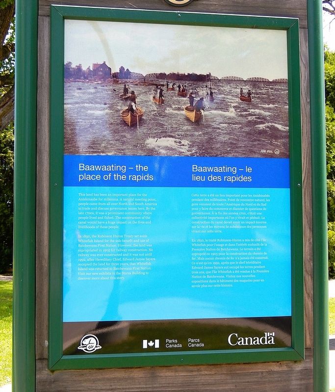 Baawaating — the Place of the Rapids / Baawaating — le lieu des rapides Marker. Click for full size. Baawaating — the Place of the Rapids / Baawaating — le lieu des rapides Marker image. Click for full size.