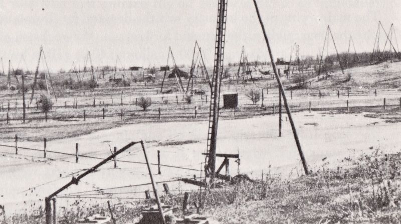 Oil fields in Petrolia, 1860s image. Click for full size.