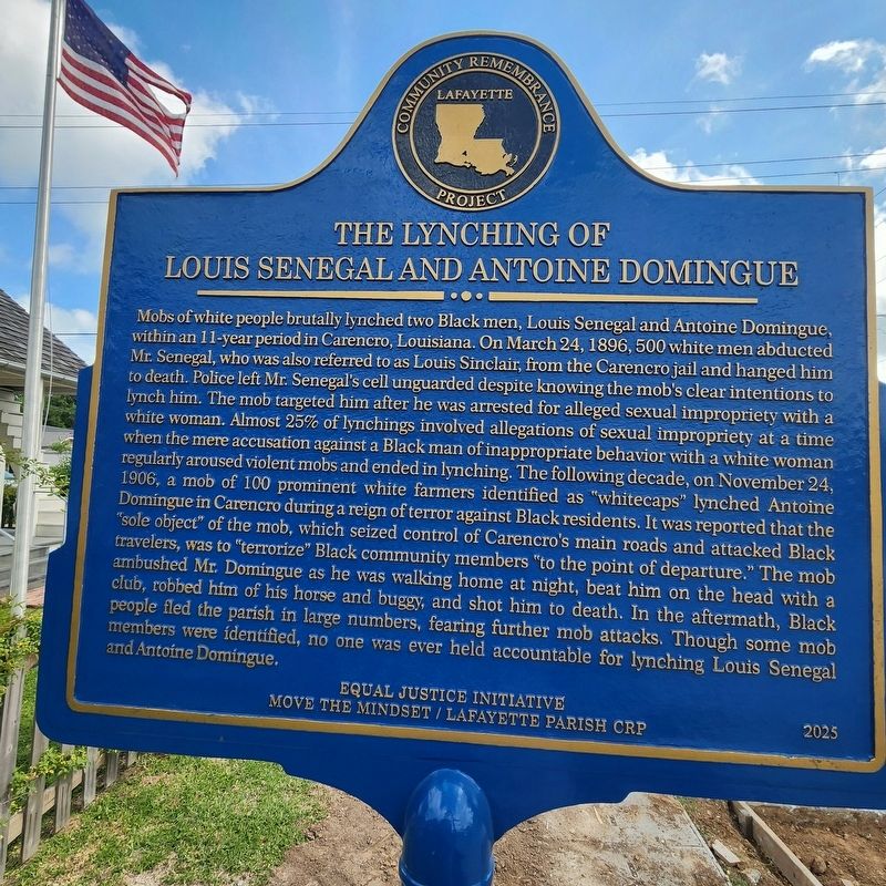 The Lynching of Louis Senegal and Antoine Domingue side of marker image. Click for full size.