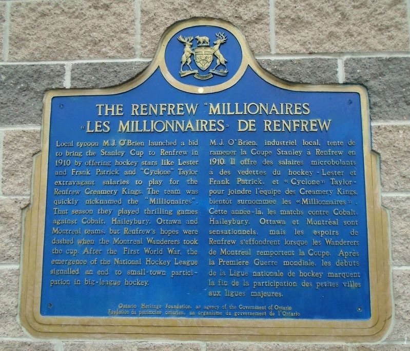 The Renfew "Millionaires["]/<lang=fr>� Les Millionaires � de Renfrew</lang=fr> Marker image. Click for full size.