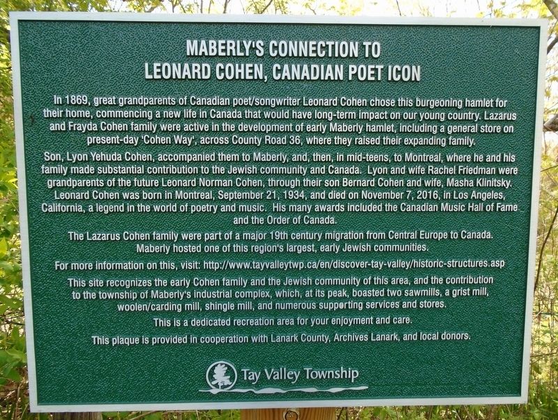 Maberly's Connection to Leonard Cohen, Canadian Poet Icon Marker. Click for full size. Maberly's Connection to Leonard Cohen, Canadian Poet Icon Marker image. Click for full size.
