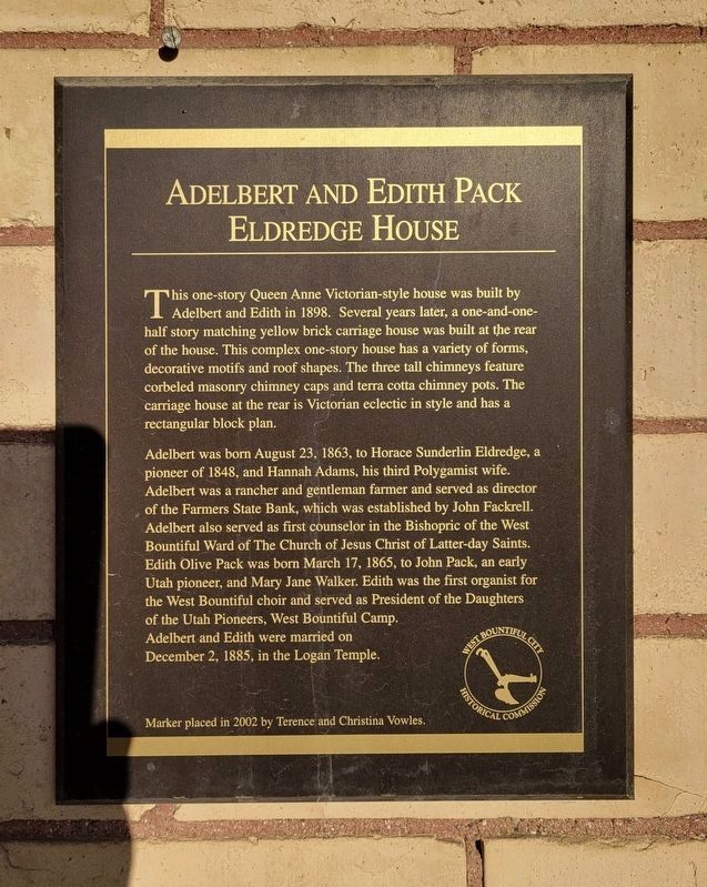 Adelbert and Edith Pack Eldredge House Marker. Click for full size. Adelbert and Edith Pack Eldredge House Marker image. Click for full size.