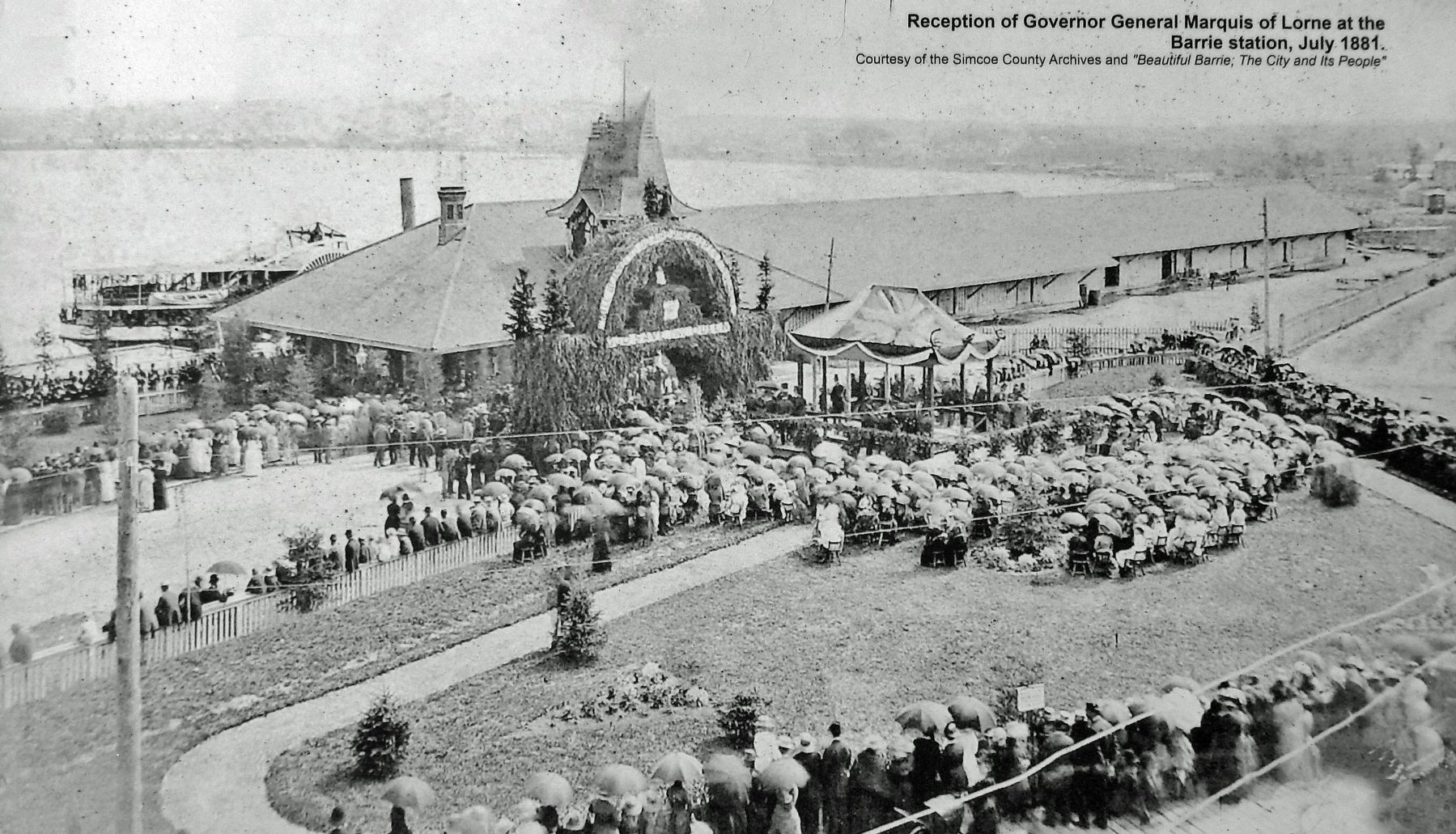 Marker detail: Reception of Governor General Marquis of Lorne at the Barrie station, July 1881 image. Click for full size.