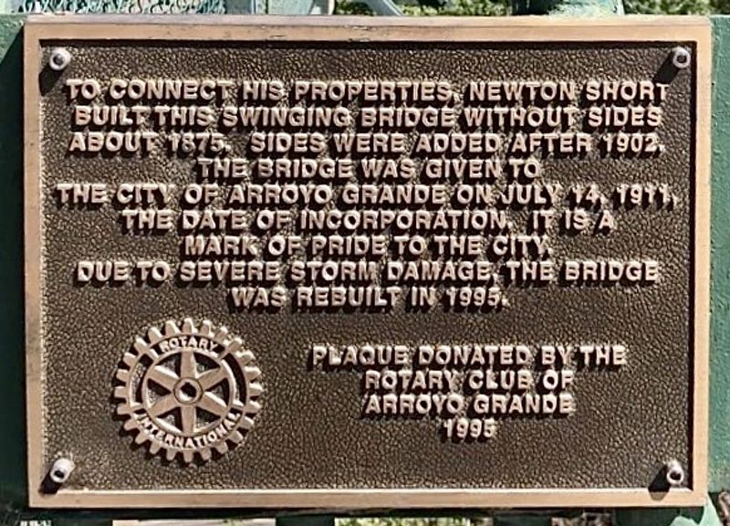 Arroyo Grande Swinging Bridge Marker. Click for full size. Arroyo Grande Swinging Bridge Marker image. Click for full size.