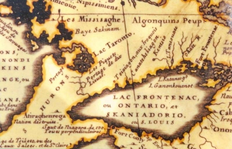 Marker detail: 1688 French map showing Lac Taronto in Huron territory image. Click for full size.