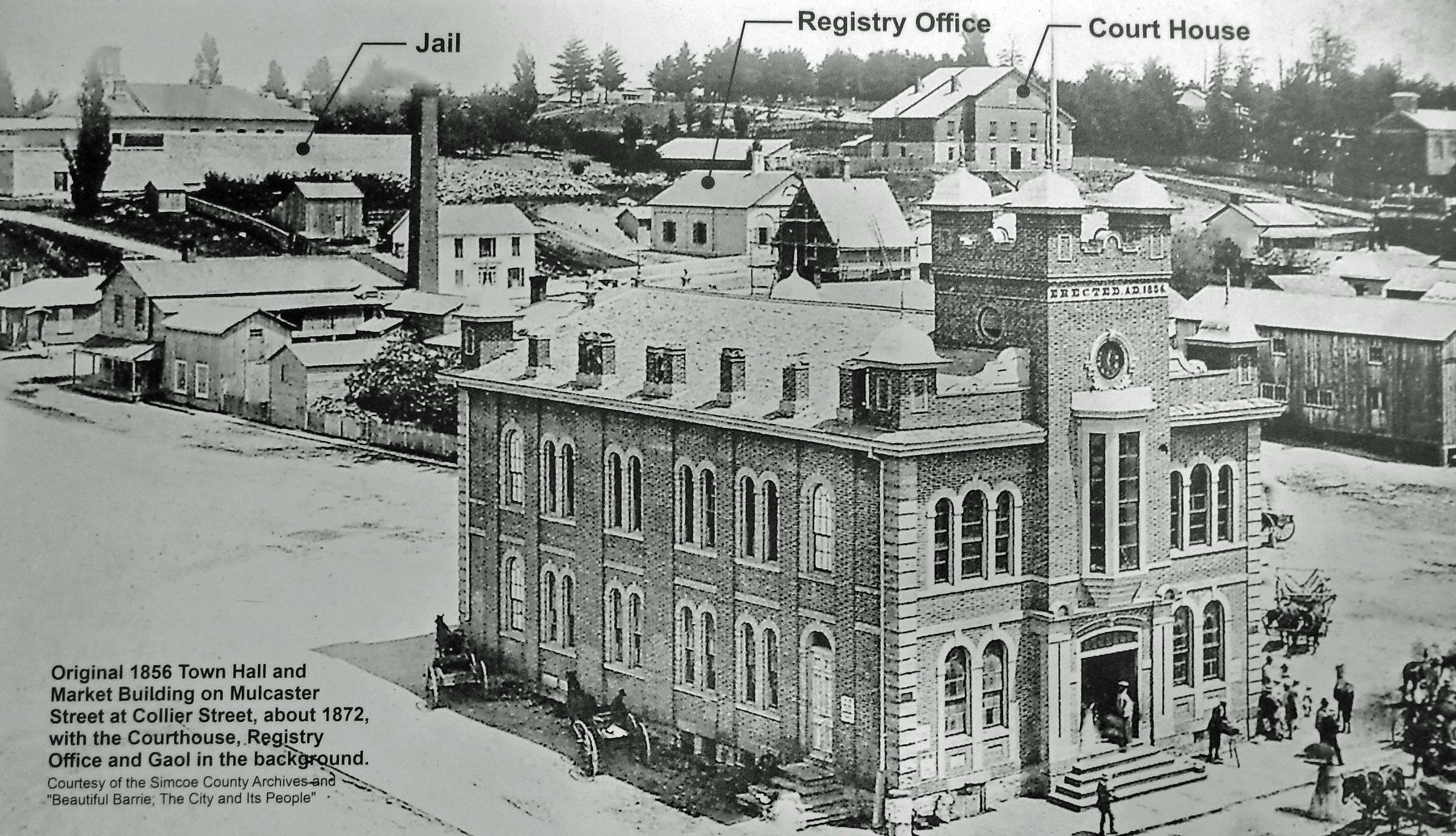 Marker detail: Original 1856 Town Hall and Market Building image. Click for full size.