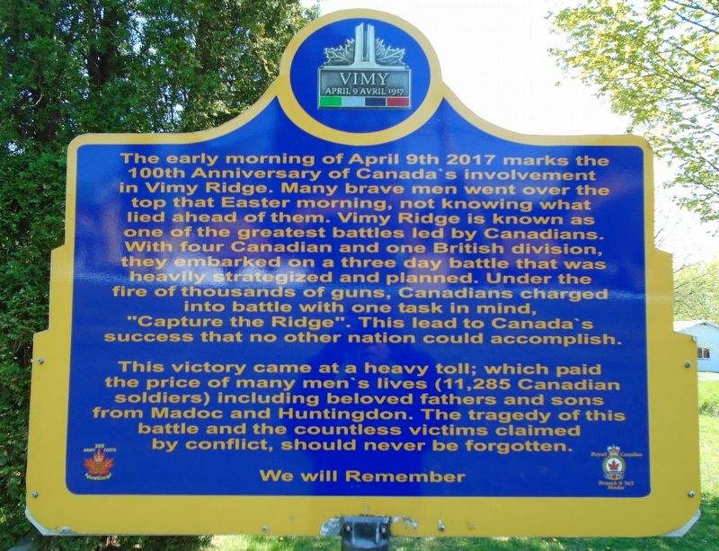 Battle of Vimy Ridge 100th Anniversary Marker. Click for full size. Battle of Vimy Ridge 100th Anniversary Marker image. Click for full size.