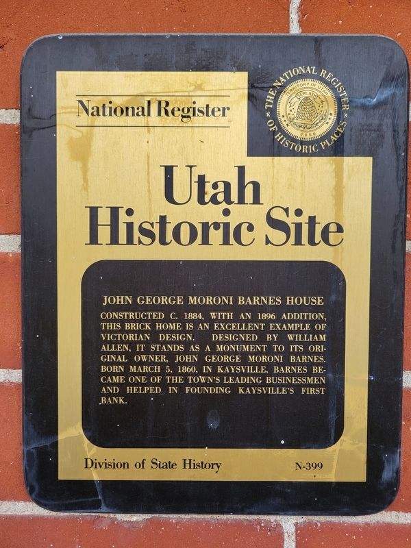 John George Moroni Barnes House Marker image. Click for full size.