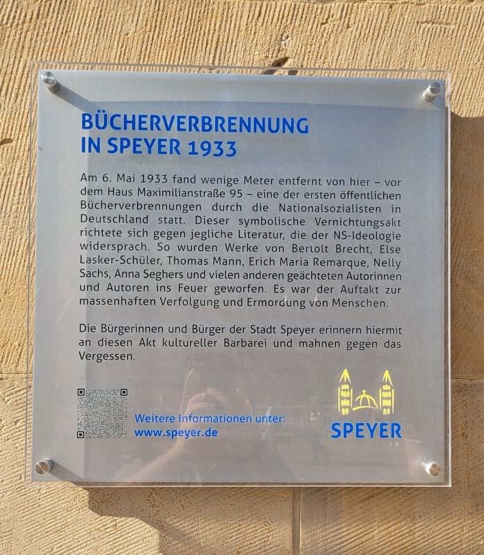 Bücherverbrennung in Speyer 1933 / Book Burning in Speyer, 1933 Marker. Click for full size. Bücherverbrennung in Speyer 1933 / Book Burning in Speyer, 1933 Marker image. Click for full size.