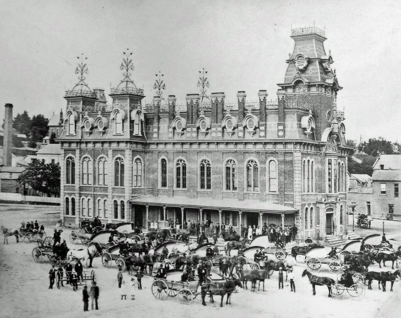 Marker detail: The Town Hall and Market Building enlarged and updated to Second Empire Style in 1877 image. Click for full size.