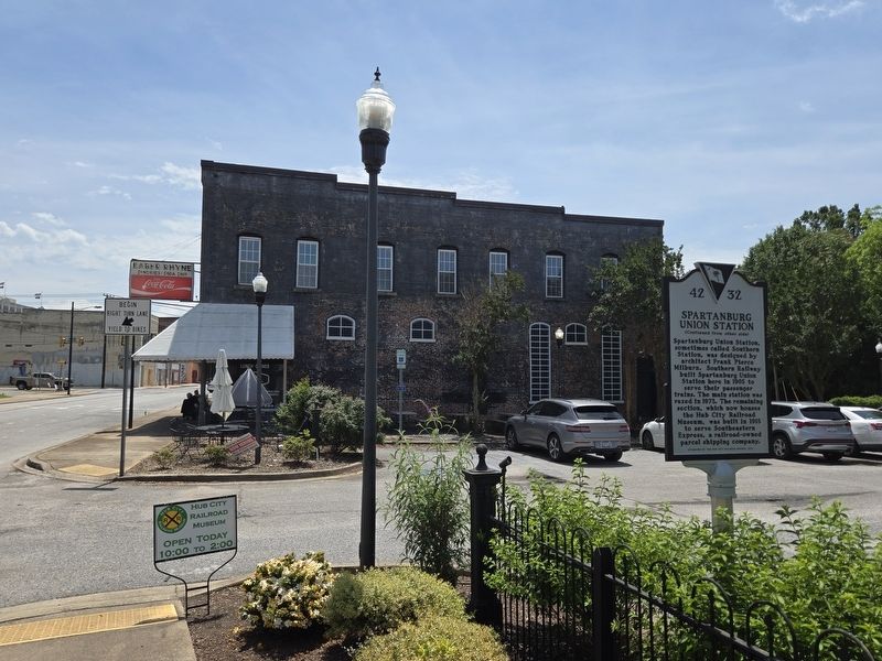 Spartanburg Union Station Marker side looking south at adjacent restaurant and parking lot. Click for full size. Spartanburg Union Station Marker side looking south at adjacent restaurant and parking lot image. Click for full size.