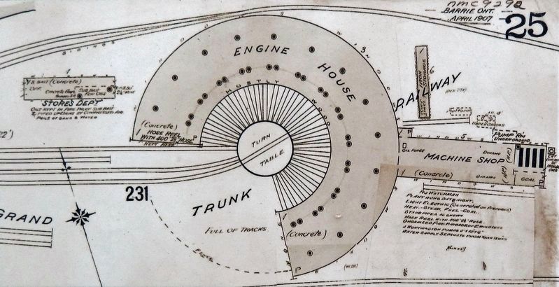 Marker detail: Roundhouse plan, Insurance map of Barrie, Ontario, Sheet 25, 1917 image. Click for full size.