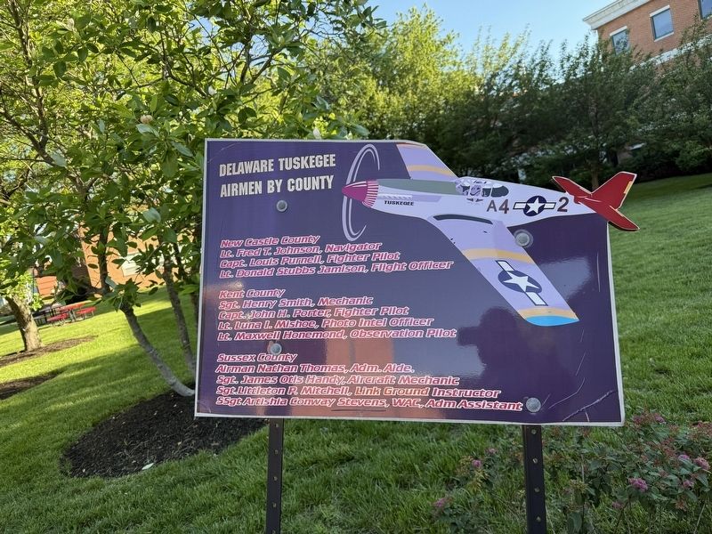 Delaware Tuskegee Airmen by County signage [Left plaque] image. Click for full size.