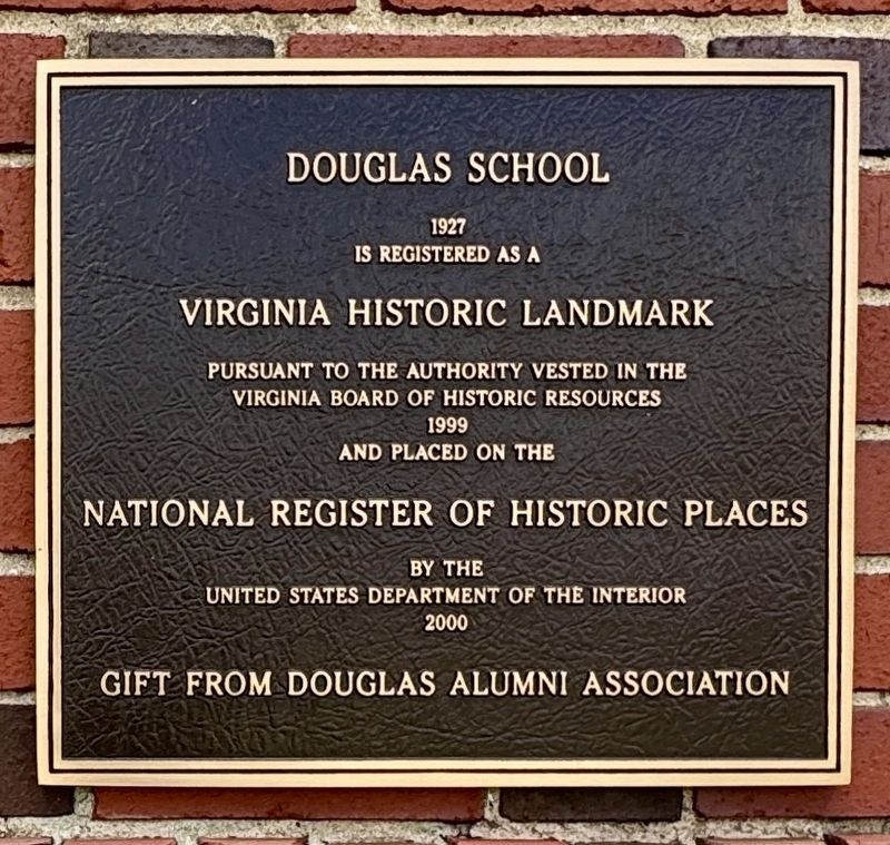 Douglas School Virginia Historic Landmark & National Register of Historic Places Plaque. Click for full size. Douglas School Virginia Historic Landmark & National Register of Historic Places Plaque image. Click for full size.