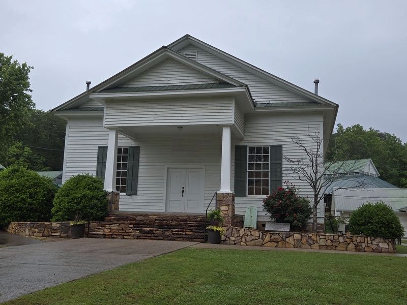 Front of Pine Log Church. Marker is at ground level between the shrubs to the left of the entrance.. Click for full size. Front of Pine Log Church. Marker is at ground level between the shrubs to the left of the entrance. image. Click for full size.