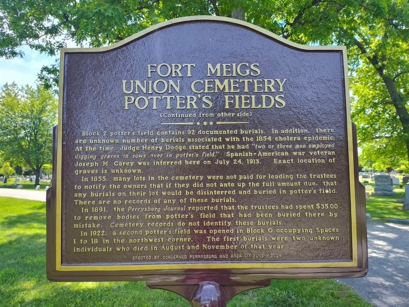 Fort Meigs Union Cemetery Potter''s Field Marker, Side Two image. Click for full size.