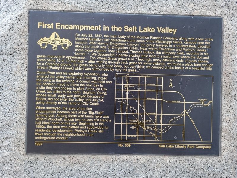First Encampment in the Salt Lake Valley Marker image. Click for full size.